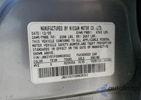 2006 Infiniti G35 z USA, uszkodzony, nr VIN JNKCV51F06M608342